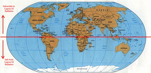 World Map showing areas vulnerable to Cygnus X3 - Click to Enlarge